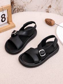 1双男女通用时尚新款PU魔术贴平底可爱凉鞋，软底防滑儿童沙滩鞋，适合夏季穿着 - 黑色 - 查看 4