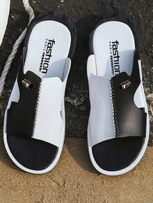 Men Two Tone Stitch Detail Slides, Outdoor Summer Slides - Black and White - View 5