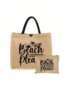 大容量手提袋，印有黑色“Beach Please”字样，便携大容量购物袋，多功能收纳袋，亚麻手柄手提袋，适合海滩旅行、度假、野餐、超市购物、日常携带，轻便夏季女士手提袋，情人节、生日、返校、海滩游玩、蜜月旅行、母亲节礼物 - 彩色 - 查看 12
