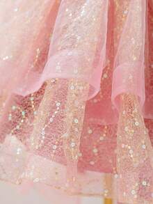 少女圆领蕾丝亮片薄纱优雅奢华钢琴演奏会拖尾礼服，适合婚礼、生日派对、时装秀等场合，不含头饰 - 藕粉色 - 查看 10