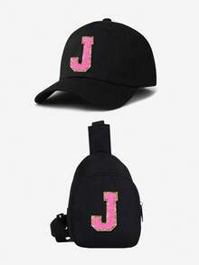 2pcs Kids Black & Pink Letter Baseball Cap Set, 26 Letters Customizable, Fashion Minimalist Sun Hat, Compact & Portable, Suitable For Boys & Girls Outdoor, Spring/Summer - Black - View 9