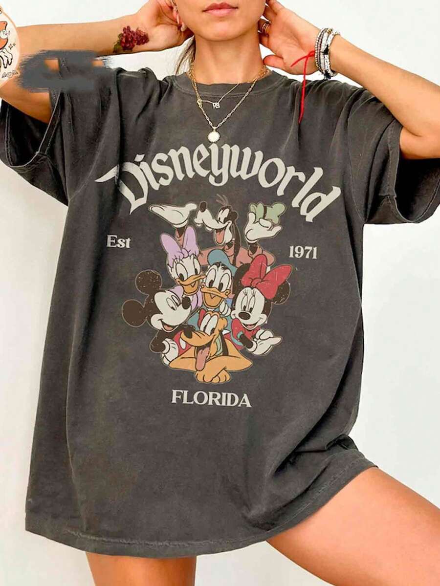 Disney UNIHLO Mickey Printed Summer Heavyweight Retro Washed Street Fashion Casual T-Shirt - màu đen - Xem 1