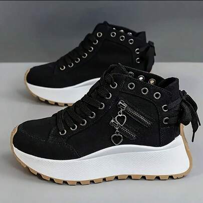 2025 New High-Top Shoes For Women, Round Toe, Thick Sole, Casual Sneakers, Lace-Up, Suitable For Street Style, Leisure And Home Wear, Autumn