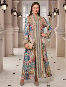 中东新款时尚V领复古图案女式长袍 - 彩色 - 查看 1