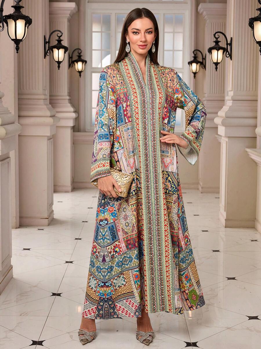 中东新款时尚V领复古图案女式长袍 - 彩色 - 查看 1