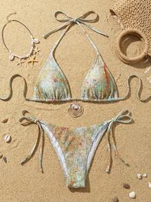 2026款三件套女士泳装：露背性感挂脖比基尼上衣、可调节侧系带三角比基尼泳裤、印花网纱纱笼裙，适合度假、户外、海滩穿着 - 淺綠色 - 查看 5