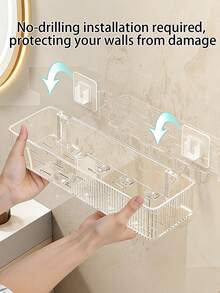 No-Drill Acrylic Bathroom Shelf With Hooks – Wall-Mounted Transparent Storage Rack For Toiletries, Ideal For Bathroom And Vanity Organization - Multicolor - View 6