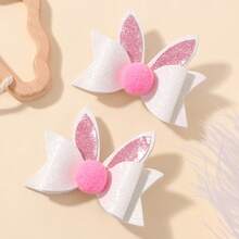 MIYA 2-Piece Glitter White Fabric Girls' Sparkly Bow Pom-Pom Bunny Hair Clips - Shiny Hair Barrettes Ponytails, Festival Party School Style Hair Accessories Women & Girls, Cute Easter Bunny Hair Embellishments - 白色 - 查看 5