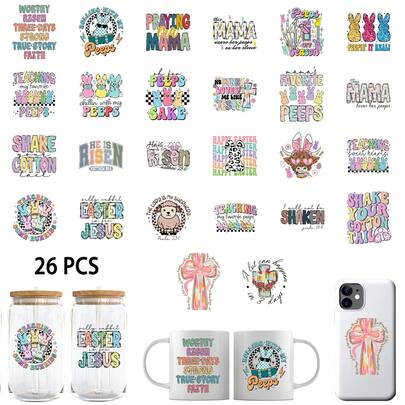 26张复活节UV DTF转印贴纸，适用于玻璃杯/水杯，尺寸2.75x3.5英寸，防水兔子和彩蛋图案，可用于DIY春季工艺品、马克杯和汽车车窗等。