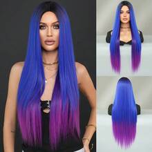 7JHH WIGS Tóc giả dài thẳng ombre xanh hồng cho nữ 30 inch, kiểu dáng thanh lịch, bồng bềnh không mái, rẽ ngôi giữa, sợi tổng hợp chịu nhiệt rất mềm mại, tóc giả đẹp, đầy đặn, thích hợp cho các cô gái thời trang, anime hoặc hóa trang cosplay, lễ hội âm nhạc, khiêu vũ, tiệc tùng, thời trang đường phố. - Màu xanh ombre - Xem 12