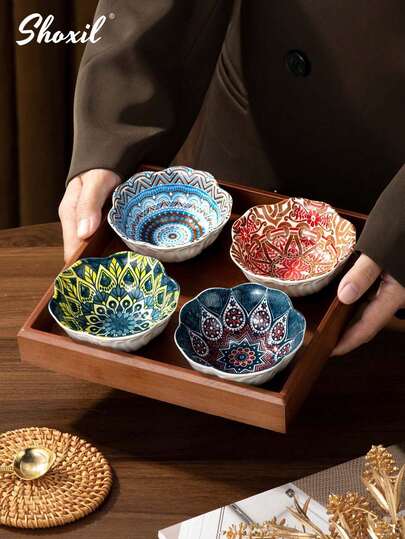 1pc Ceramic Butter Dish, Bean Dish, Sauce Dish, Bohemian Style Plate, Appetizer Plate, Snack Plate, Suitable For Party, Restaurant, Home, Coffee Accessories