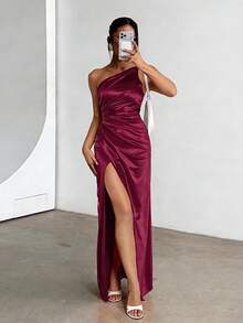 WOWDARK Summer Dress, Wine Red, Elegant One Shoulder Ruched Split Party Dress For Women, Suitable For Valentine's Day, Dates, Gatherings, Parties, Travel, Vacation, Beach Wedding Spring - 酒紅色 - 查看 5