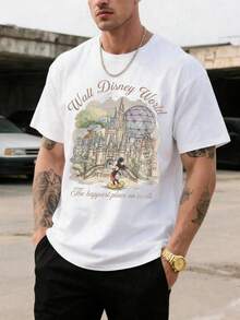 Men's Disney Casual T-Shirt, "Walt Disney World" Castle & Character Print, Watercolor Design, Comfortable Soft Fabric, Perfect For Theme Park Visits - White - View 1