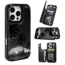 Funda de Cocotero Negro con Atardecer y Mar con Solapa Negra y Rosa para iPhone 12, 13, 14, 15, 16, PRO, PROMAX, MINI, PLUS.Incluye ranuras para tarjetas de crédito y llaves, funda para teléfono tipo billetera - Negro - Ver 1