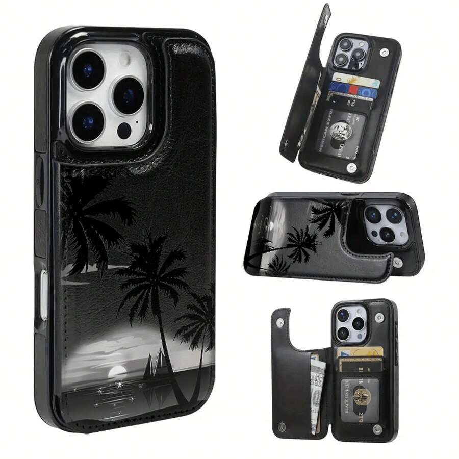 Funda de Cocotero Negro con Atardecer y Mar con Solapa Negra y Rosa para iPhone 12, 13, 14, 15, 16, PRO, PROMAX, MINI, PLUS.Incluye ranuras para tarjetas de crédito y llaves, funda para teléfono tipo billetera - Negro - Ver 1