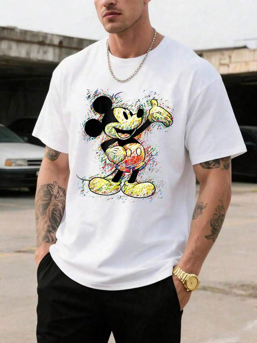 Men's Disney Casual T-Shirt, Mickey Mouse Colorful Graffiti Print, Vibrant Art Design, Comfortable Soft Fabric, Perfect For Art & Disney Fans - White - View 1