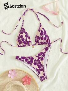 Lostzian 2026 女士春夏沙滩套装，时尚印花杏色底色撞色紫色花朵吊坠泳衣，性感高衩泳裤，两件式挂脖比基尼套装，沙滩度假/泳池派对，情人节嘉年华休闲优雅装扮 - 紫色 - 查看 3