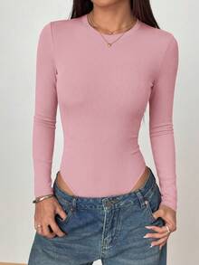Women Spring Bodysuits For Long Sleeve Shirts Fitted Basic Ribbed Layering Bodys Tops Fall Fashion Winter Clothes Pink Vacation Rompers Outfits For Women - Pink - View 5