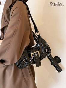 Y2K Vintage Soft Distressed Leather Motorcycle Bag With Rivet, Buckle, Pleated Cloud Decor, Shoulder/Underarm Bag, Suitable For Work, Commute, Date, Party, Street & Japanese Bag For Women, Halloween Purse Perfect For Fancy Party Halloween Fashion & Gothic Fashion , Vintage Bag , Y2k - 黑色 - 查看 4