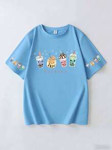 Women's Cute Bubble Tea Print Short Sleeve T-Shirt, Comfortable & Breathable, Casual Daily Wear For Summer - Baby Blue - View 2