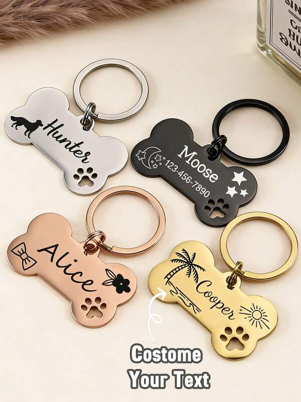 Stainless Steel Hollow Bone Pet Dog Tag With Hollow Paw Design And Engraved Pet ID. Our Customized Dog Tags Provide Unique Style, Safety And Comfort For Your Beloved Pets. This Innovative Dog Tag Aims To Offer A Personalized Identification Solution For Your Furry Friend. This Is A Customized Gift For Your Dog, Available In Gold, Silver, Rose Gold, Black, Blue And Multi-Color.