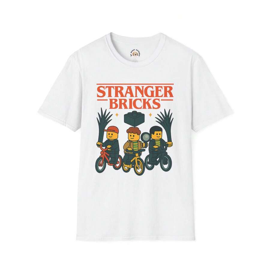 Stranger Bricks Shirt Retro Bike Tee 80s Parody Graphic Shirt AFOL Gift Funny Brick Builder T Shirt - 白色 - 查看 1