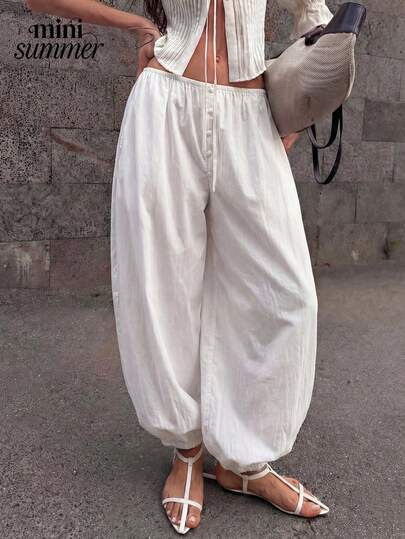 Pantalones elegantes de cintura alta y tobillo globo para mujer - Pantalones casuales de paracaídas con cordón para primavera y verano, para el estilo diario de la calle y las vacaciones de Pascua
