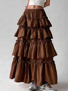 Elegant Women's White Layered Solid Color Skirt, Suitable For Spring And Summer - Mocha Brown - View 10