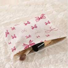 1个天鹅绒化妆包，蝴蝶结图案拉链袋，轻便多功能，可装化妆品、洗漱用品、旅行必备品 - 彩色 - 查看 4