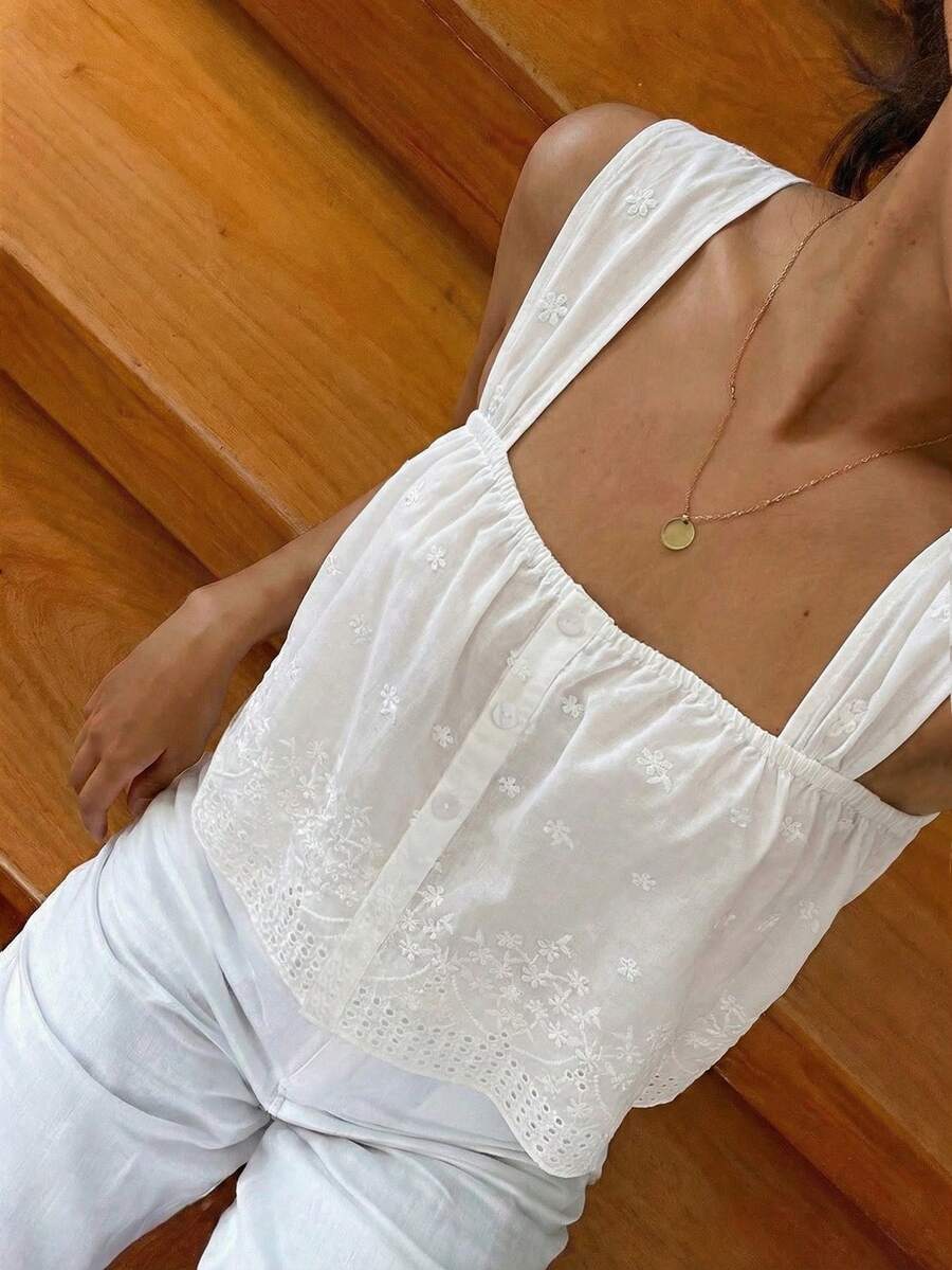 Standard Size Women's Spring/Summer Square Neck Camisole With Ruched Eyelet Embroidery Fabric Ruffled Hem Casual Vacation Short Shirt White - White - View 1