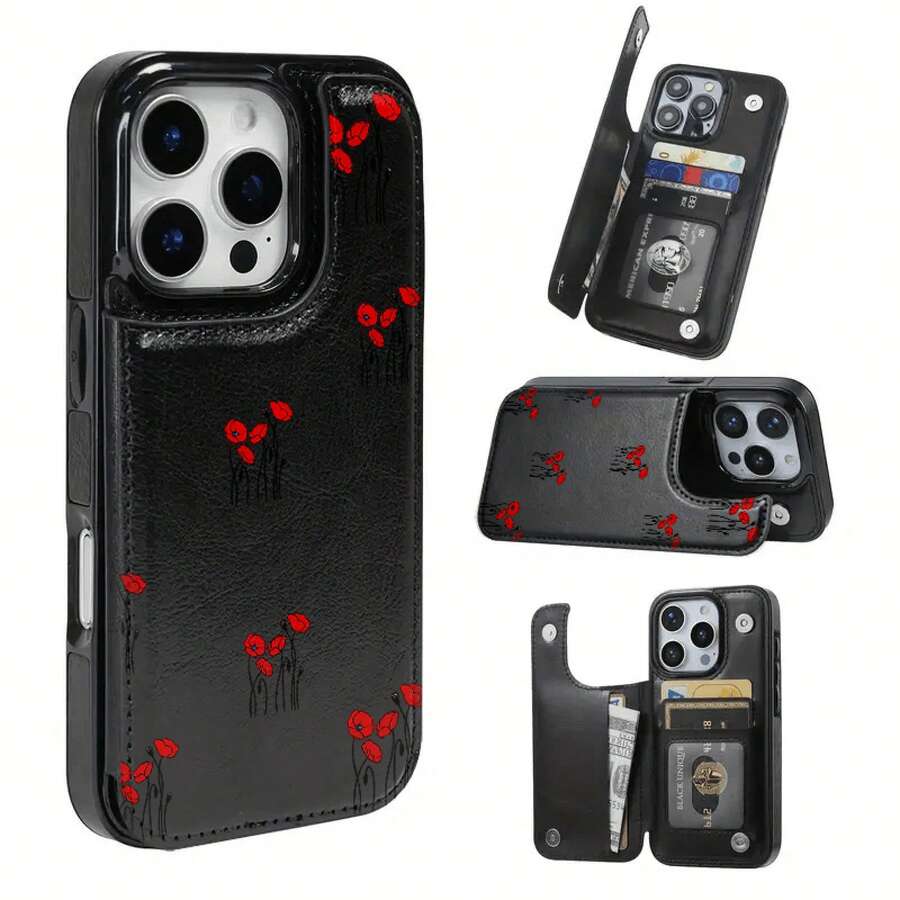 Funda Red Spider Lily con solapa negra y rosa para iPhone 12, 13, 14, 15, 16, PRO, PRO MAX, MINI, PLUS – Incluye ranuras para tarjetas de crédito y soporte para llaves, funda de teléfono tipo billetera - Marrón - Ver 1