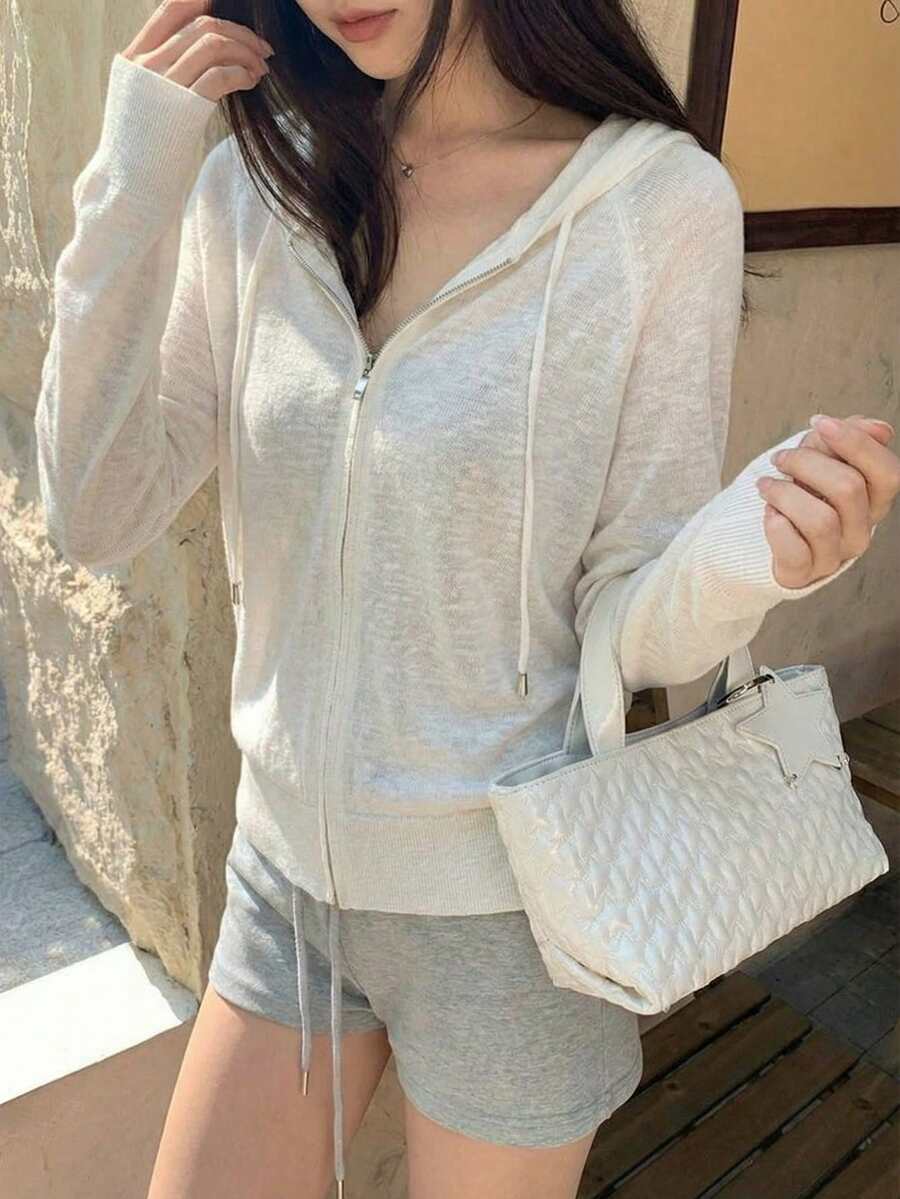 Spring/Summer New Loose Bamboo Knit Zip-Up Hooded Cardigan For Women, Casual Commuter Style Long Sleeve Sweater - White - View 1