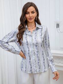 优雅舒适的通勤修身女士条纹翻领衬衫，条纹前开襟纽扣度假衬衫 - 淺藍色 - 查看 5