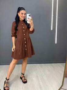 Women's Striped Midi Dress With Shirt Collar And Bishop Sleeves, Casual, With Buttons, Asymmetrical Hem, Summer And Beach. - 摩卡棕 - 查看 3