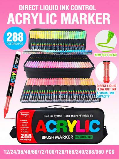 GuangNa Classic 12-366 Colors Acrylic Paint Markers, Smooth Flow Acrylic Ink Markers With Rich Pigments, Comprehensive Color Classification, Stackable Colors, Strong Coverage, Felt Tip Stationery Set, Suitable For Canvas, Rock Art, Wood, Stone, Glass, Ceramic, Textile Painting, DIY Crafts, Back To School Supplies, Convenient Storage And Portability