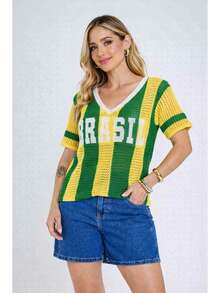 Brazil Women's Knit Crochet Shirt With V-Neck, World Cup Style, Green And Yellow Blouse, Brazilcore Fashion, National Team, Knit Fabric, Mesh, Openwork Fabric, Pointelle Knit, Holidays, School - 黃色 - 查看 1