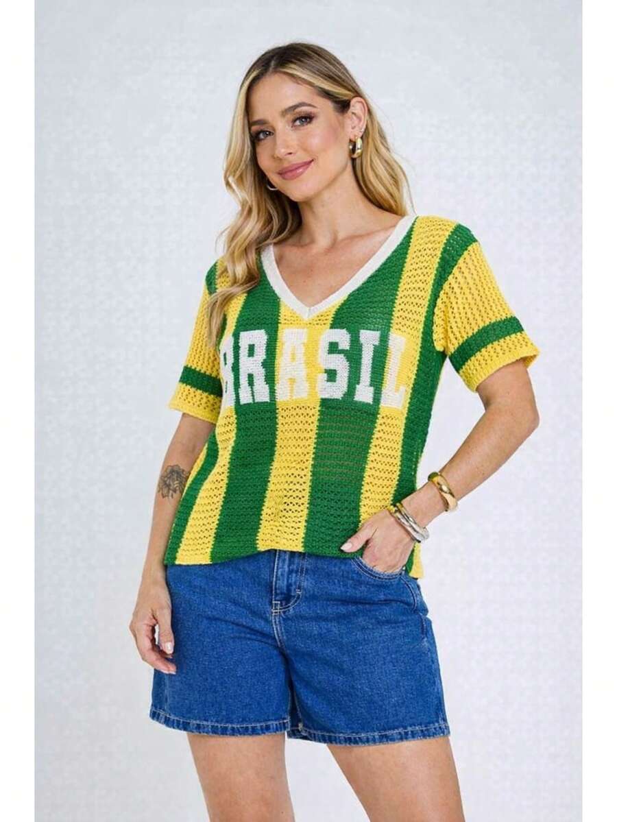 Brazil Women's Knit Crochet Shirt With V-Neck, World Cup Style, Green And Yellow Blouse, Brazilcore Fashion, National Team, Knit Fabric, Mesh, Openwork Fabric, Pointelle Knit, Holidays, School - 黃色 - 查看 1