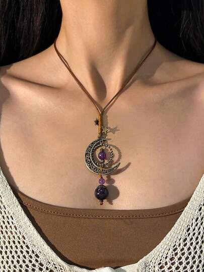 1pc Bohemian Crescent Moon & Pentagram Wax Cord Necklace, Vintage Minimalist Casual Daily, Party, Date, Women's Holiday Birthday Versatile Jewelry Gift