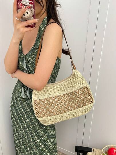 Dedoo Bolso de paja trenzado hueco de moda para mujer, estilo casual de verano, de gran capacidad, bolso de hombro adecuado para la playa y las vacaciones