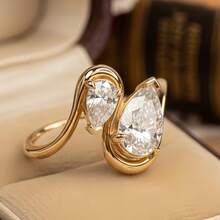 优雅水滴双色立方氧化锆18K镀金奢华女士结婚戒指 - 金色 - 查看 2