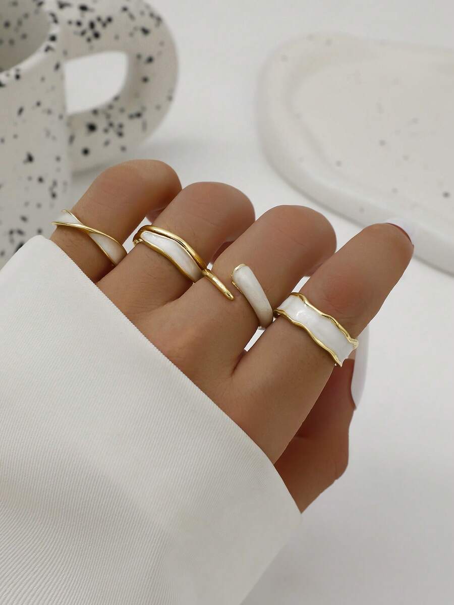 4pcs Fashionable Versatile Retro Faux Enamel Open Ring Set, Minimalist Stackable Rings For Women - Gold - View 1