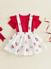Conjunto de 2 piezas de verano para niñas pequeñas, mono liso de manga corta y mono con estampado de cerezas, ropa bonita para uso diario, ideal para 1 a 18 meses - Rojo - Ver 7