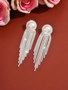 Luxury Bridal Silver Crystal Faux Pearl Tassel Earrings, Long Crystal Pendant Drop Earrings Suitable For Wedding, Bridesmaid, Wedding Guest, Party, Prom - 1697 Earrings - View 5