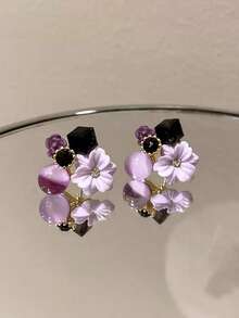 1 Pair Fashionable Retro Maple Leaf & Purple Stud Earrings, Elegant & Gentle Women's Earrings/Summer Jewelry/Holiday/Gift - Multicolor - View 4