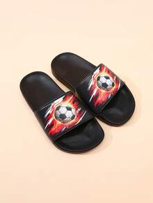 1 Pair Children's EVA Soft Bottom Cartoon Football Slippers, Lightweight, Boys' Fashion Minimalist Non-Slip Slippers - Black - View 2