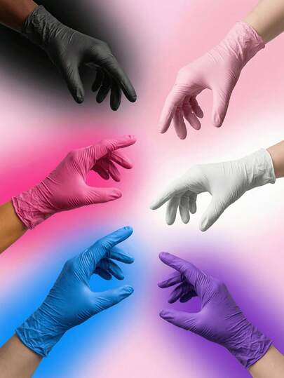 100只一次性手套，超耐用，蓝/粉/黑/白/紫五种颜色可选，丁腈乳胶材质，适用于厨房、纹身、染发、宠物护理、美发沙龙和家庭清洁，袋装包装，防止运输过程中损坏