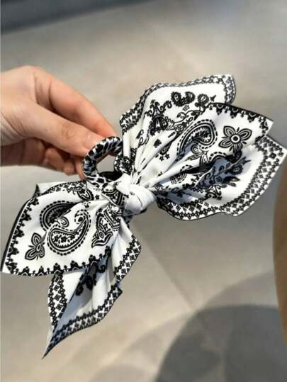 Clip de pelo con gran lazo de estilo bohemio retro con estampado de paisley, clip superior con estampado en blanco y negro, accesorio de pelo versátil para uso diario y festivo, regalo para novia o mejor amiga