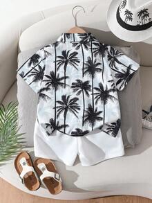 Bộ áo sơ mi và quần short in hình cây cọ nhiệt đới cho bé trai, thích hợp cho mùa hè. - Nhiều màu - Xem 2