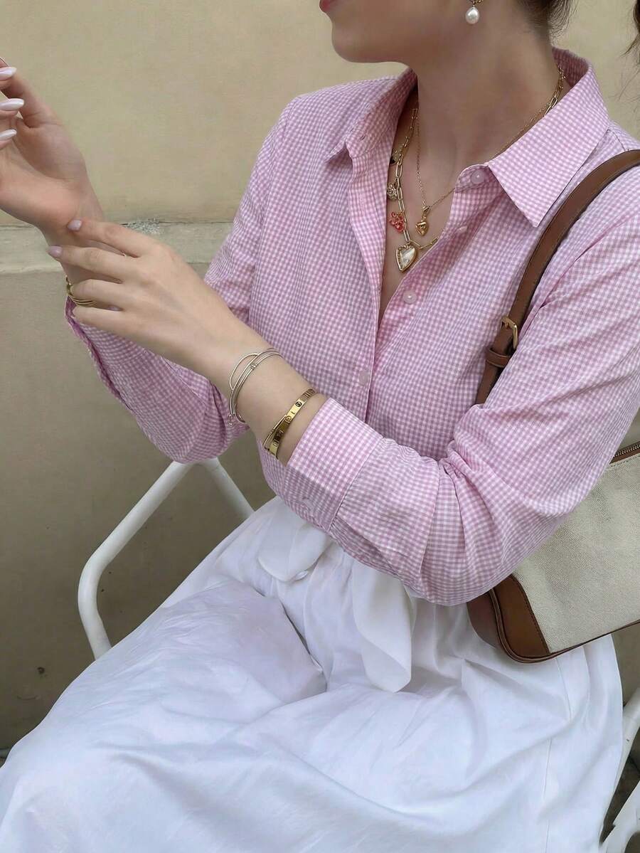 1pc Women's Spring/Summer New Plaid Long Sleeve Shirt, Business Casual All-Season Fashion Piece, Suitable For Business Meetings, Suit Undershirt, Hangouts With Friends, Casual Outings. Plaid Button-Front Long Sleeve Shirt, Single Piece, Office, Daily, Travel, Airport Wear, Spring/Summer - Pink - View 1
