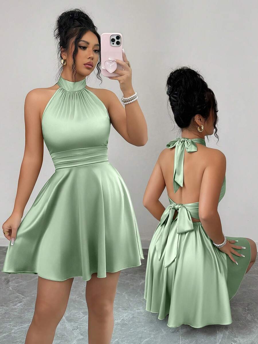 abyoxi Women's Sage Green Satin Halter Double Bow Detail Flared Mini Dress - Pea Green - View 1